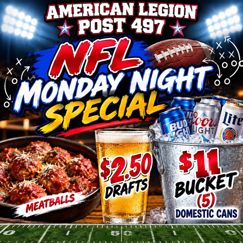 NFL Monday Night specials with draft beer, meatballs, and a bucket of cans